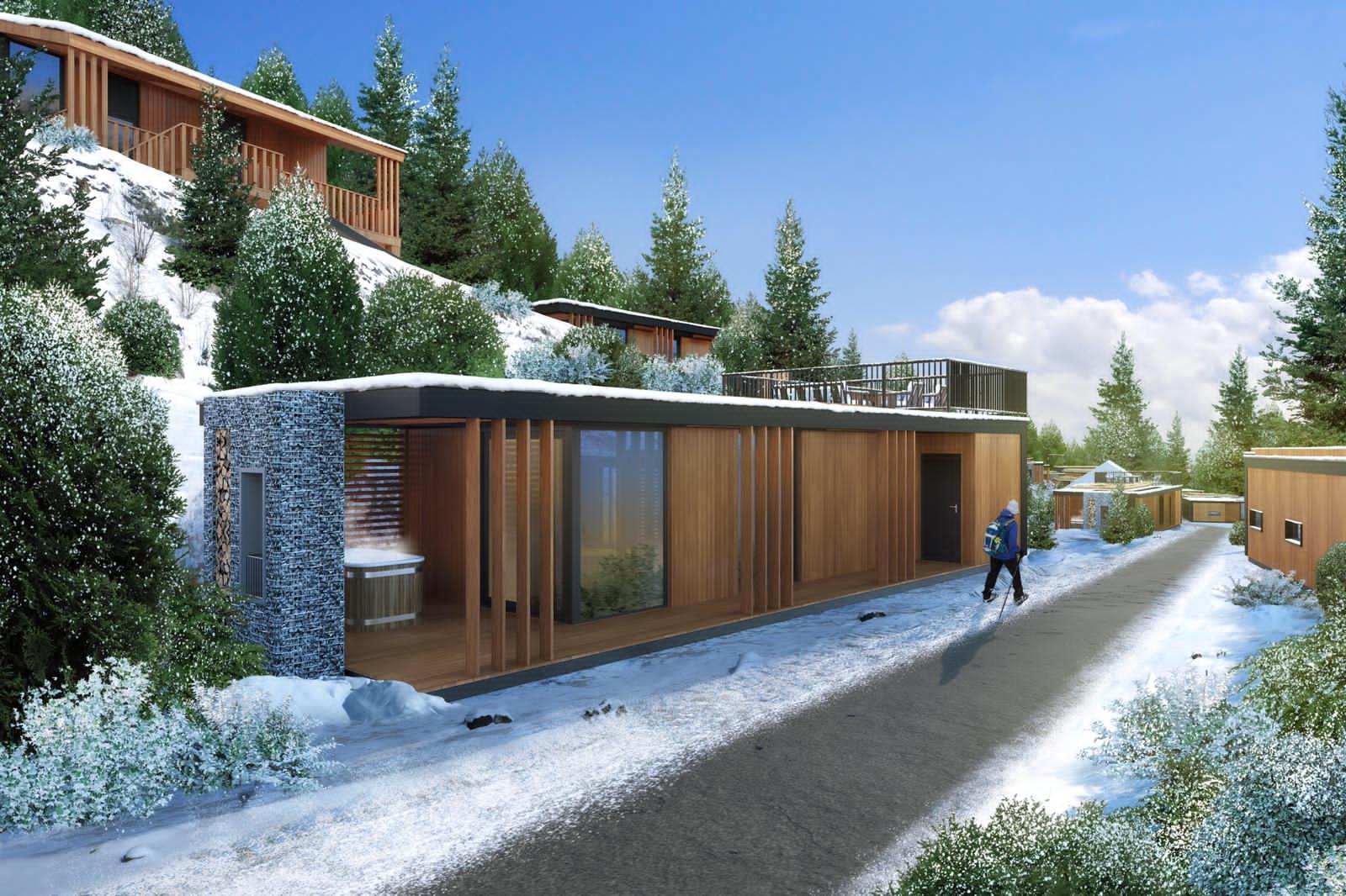 Bergchalet met schanskorf-element in winters skigebied