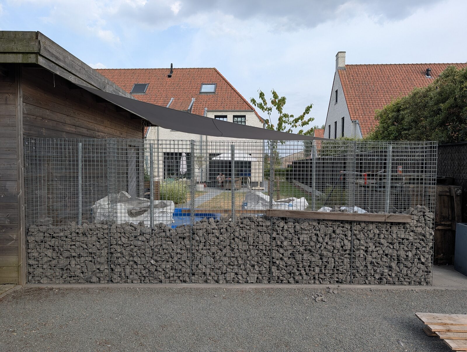 Half gevulde schanskorf, met de gaaspanelen erboven nog leeg