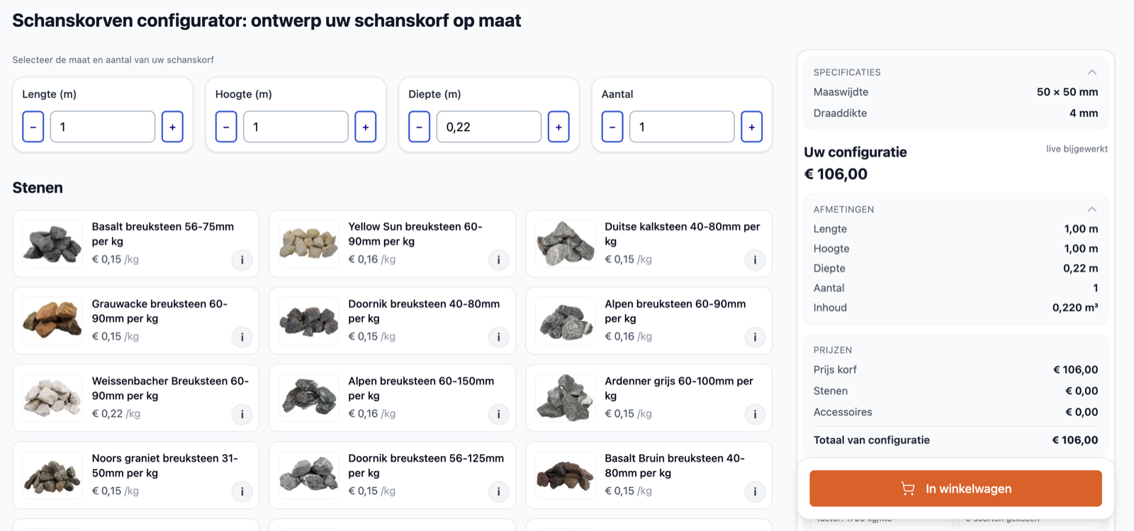 Steenkorven configurator screenshot met maten, steenkeuze en live-prijsberekening